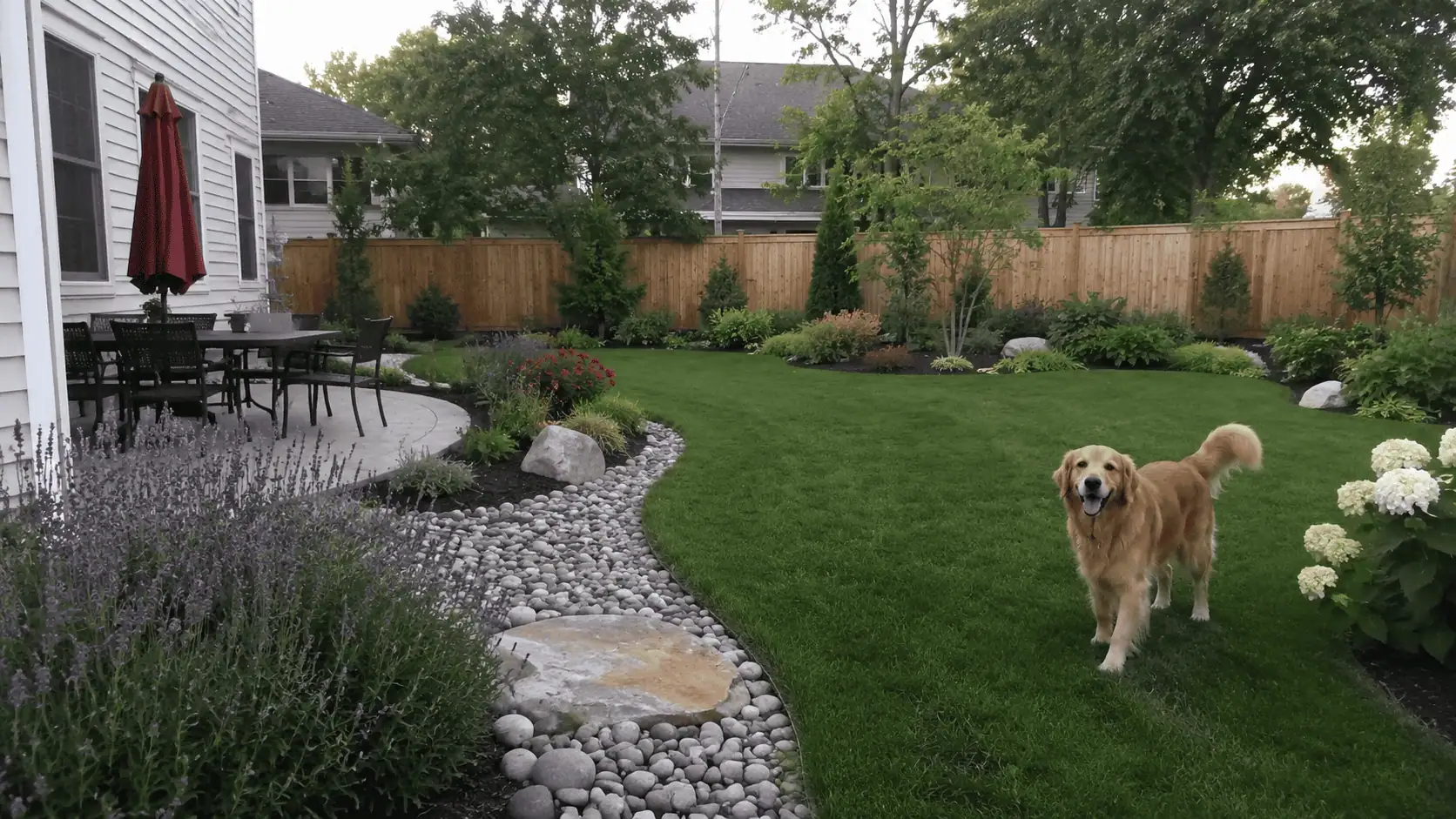 dog running in beautifully landscaped backyard