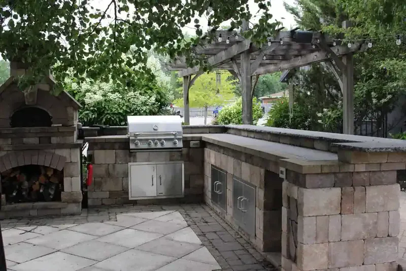 Sophisticated outdoor living area featuring hardscaping and landscaping for a perfect retreat.