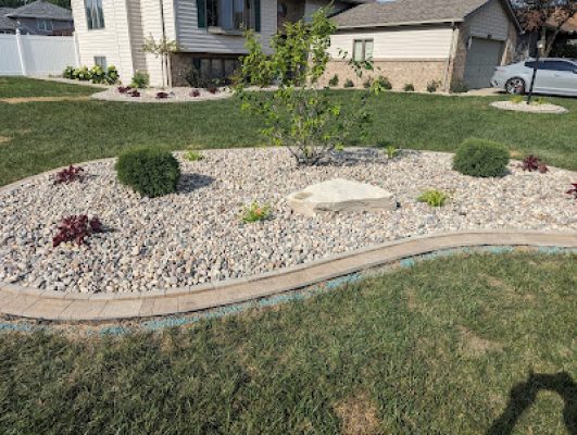 Close-up of a newly installed curved landscaping bed with decorative river rock, a paver border, small shrubs, and a central tree in a front yard.